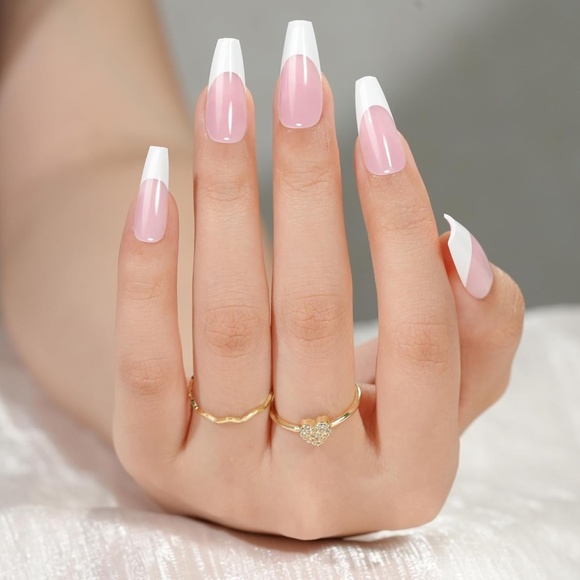 320 Pieces Pink And White French Tip Medium Coffin Press On Nails - Picture 2 of 8